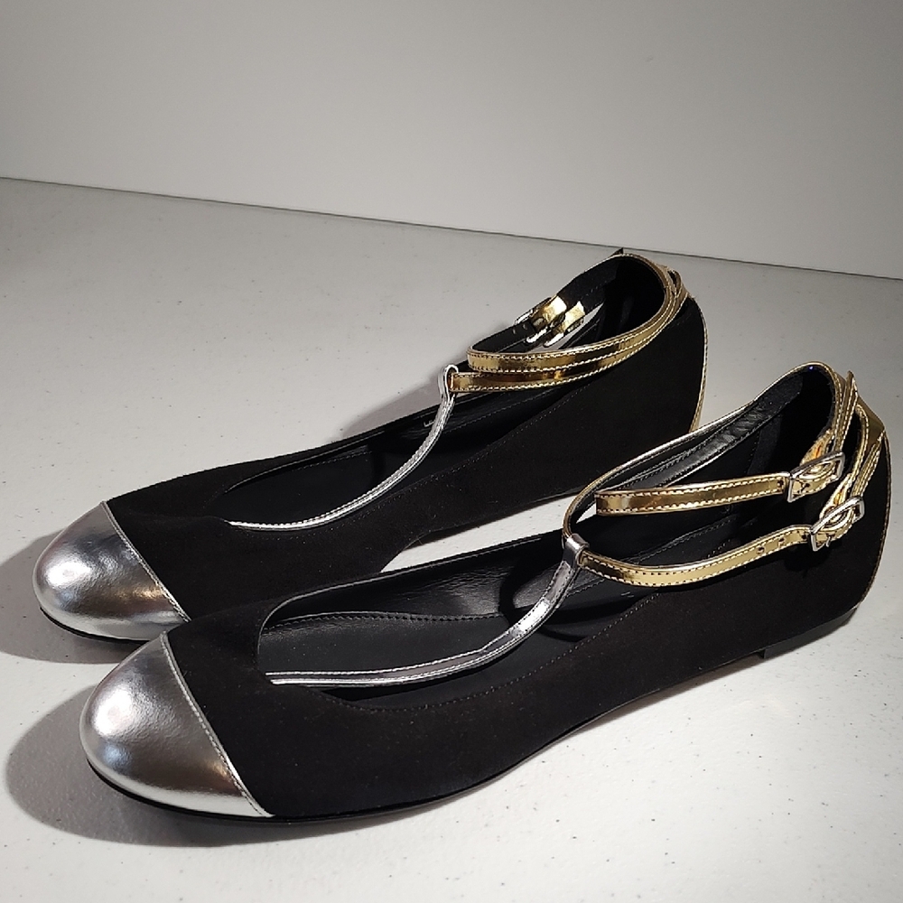 J Crew Black and Silver & Gold Flat Sandals, Women's Size 6